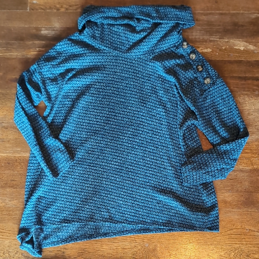 Asymmetrical Cowl Neck Blue Button-Detail Sweater